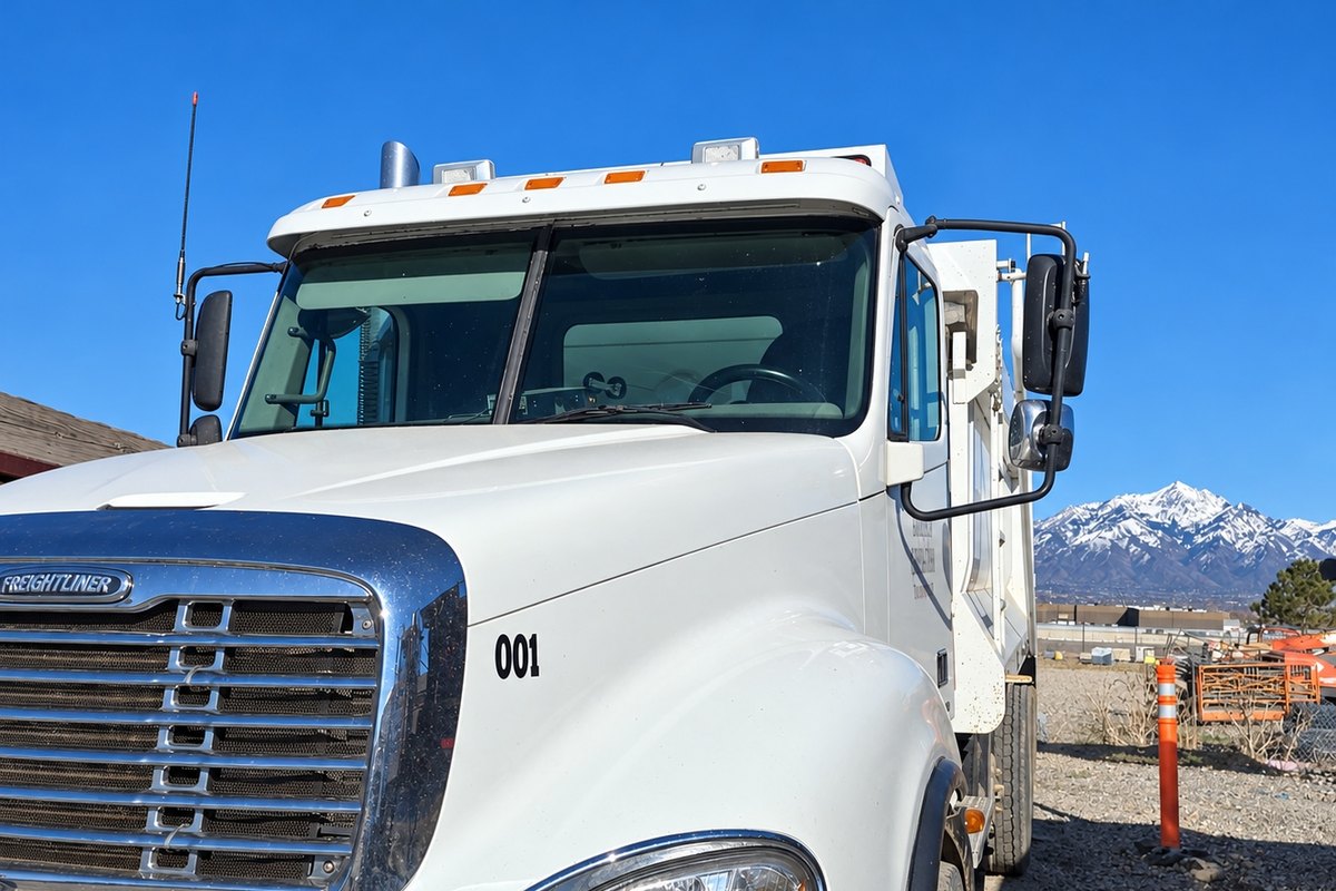 White Freightliner work truck from the front corner with a clean two-piece windshield