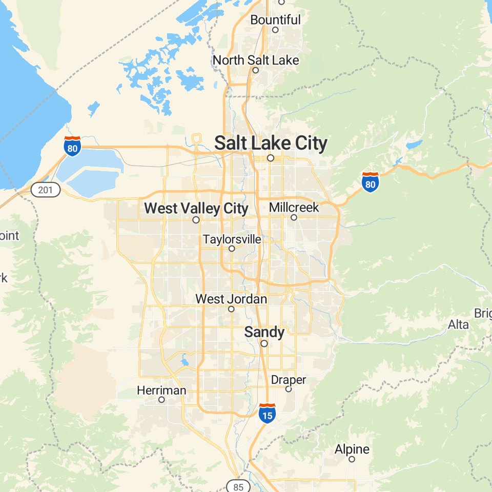 Street map of the Salt Lake Valley service area, from North Salt Lake south to Herriman and Sandy