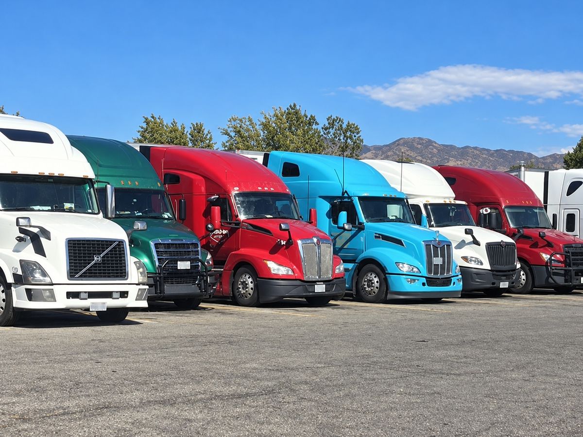 Row of seven parked semi truck cabs on a wide asphalt lot under a deep blue sky