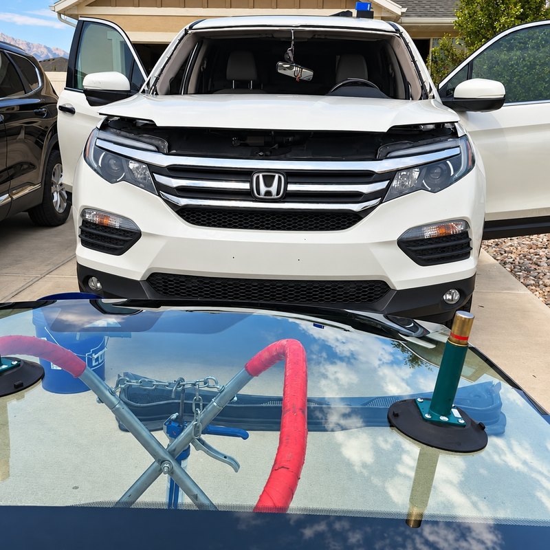 White Honda SUV with its windshield removed and the new glass on a stand with suction cups